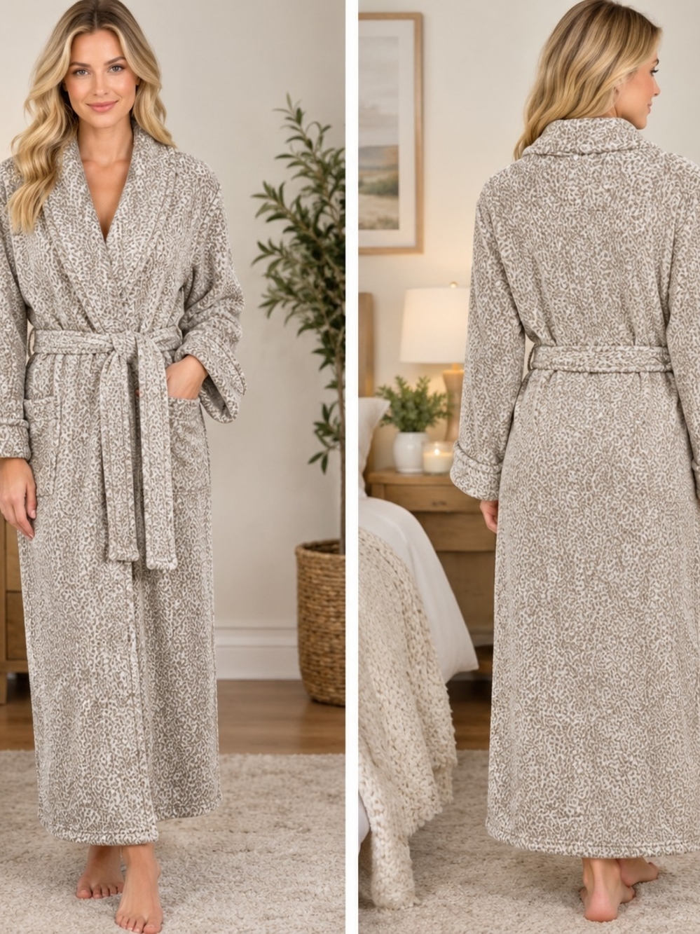 Oscar de la Renta Taupe and Cream Leopard-Print Shawl-Collar Robe